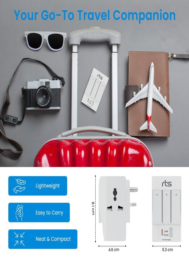 rts 3 Pin Multi Plug Socket-Worldwide Universal Travel Adapter with USB Ports & Type-C PD Individual Switch Safety Shutter LED Indicator-3 Way Plug Socket (5A-250V) Type D Plug for Home Office White - Image 4